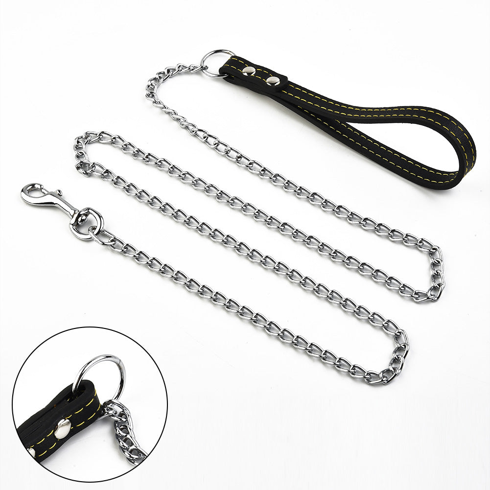 Dog Leash: Metal Chain Dog Leash with Leather Handle - Secure Control