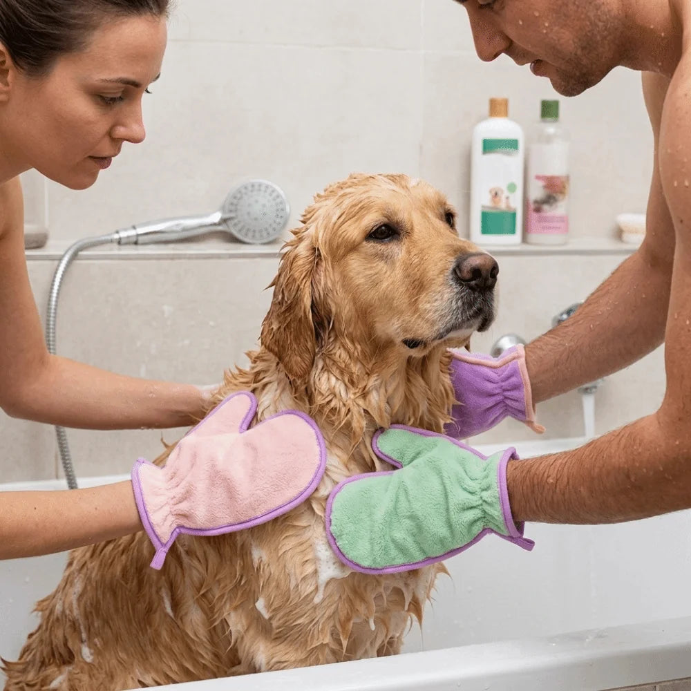 Hand Fit Fleece Lined Pet Drying Mitt Multi Colors Soft Bath Towel Glove Paw Print Safe Dog Cat Clean Mitt Household Pet Groom