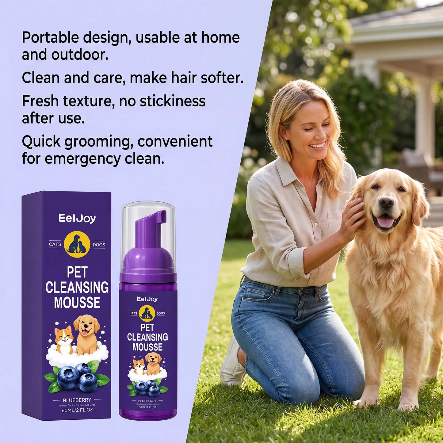 Pet Cleansing Mousse Gentle Dirt Remove Skin Soothing Odor Eliminator Long Lasting Fragrance No Rinse Dog Shampoo Foam 60ml