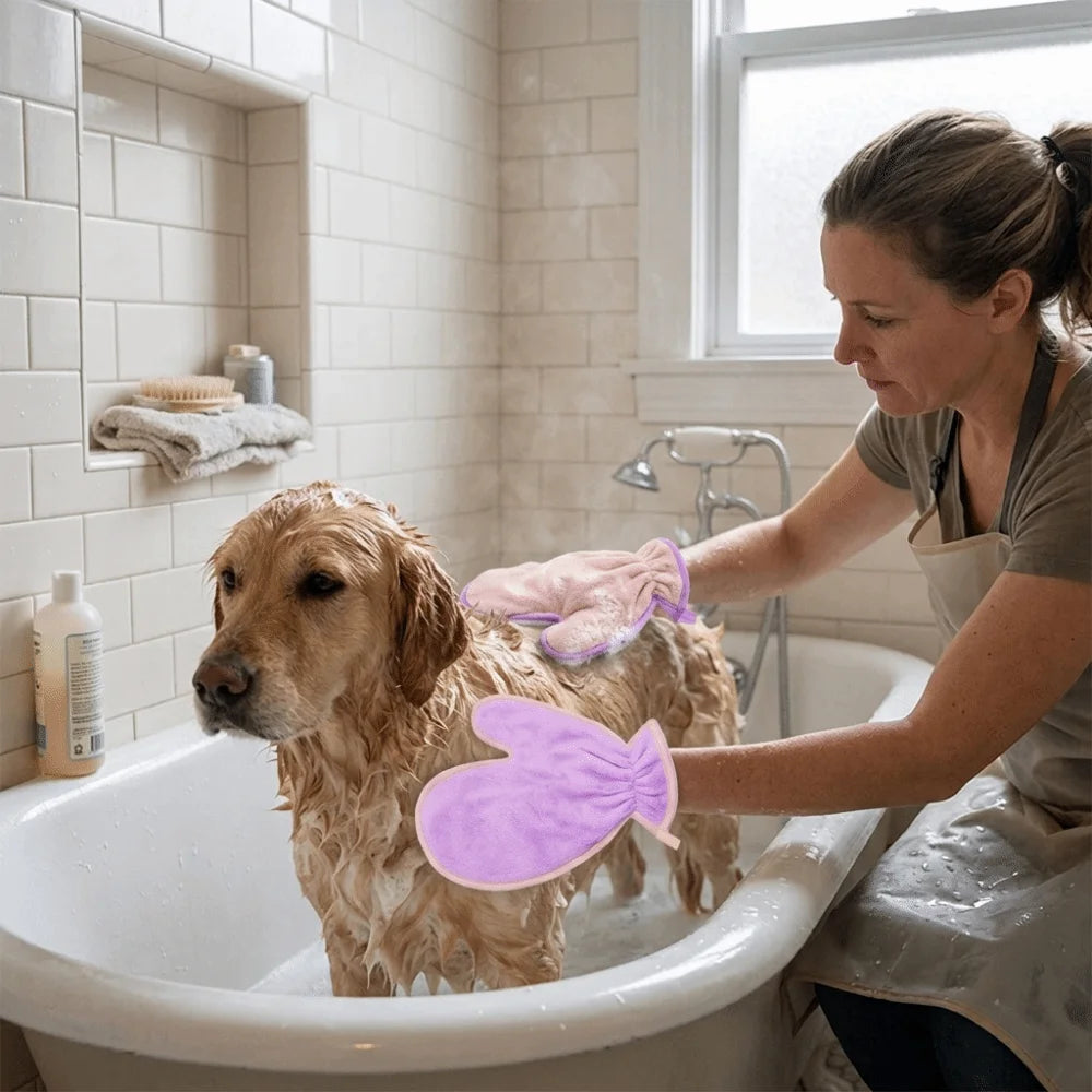 Hand Fit Fleece Lined Pet Drying Mitt Multi Colors Soft Bath Towel Glove Paw Print Safe Dog Cat Clean Mitt Household Pet Groom