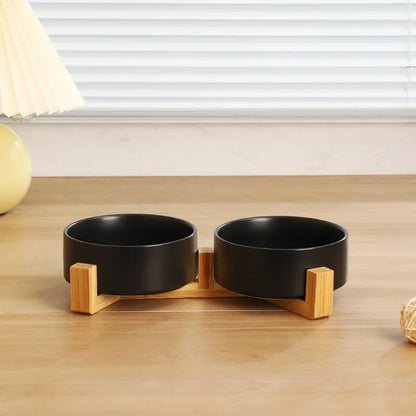 Spill-Proof Dual Ceramic Bowls with Wooden Holder for Small Pets Feeding Water and Food
