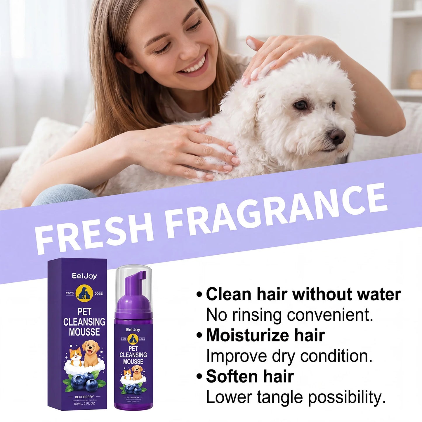 Pet Cleansing Mousse Gentle Dirt Remove Skin Soothing Odor Eliminator Long Lasting Fragrance No Rinse Dog Shampoo Foam 60ml
