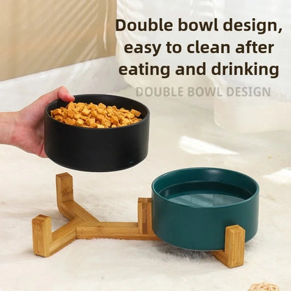 Spill-Proof Dual Ceramic Bowls with Wooden Holder for Small Pets Feeding Water and Food