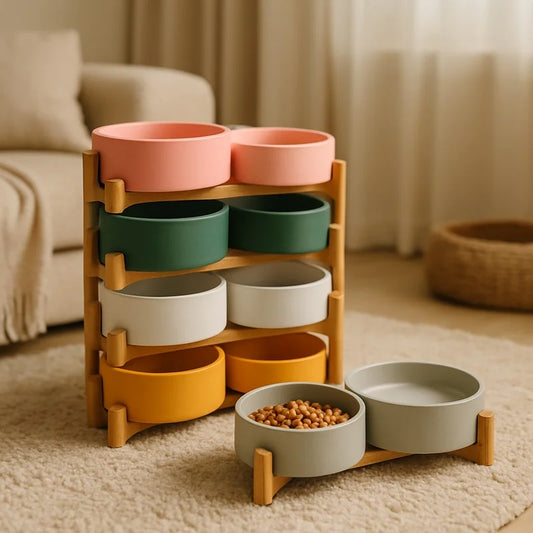 Spill-Proof Dual Ceramic Bowls with Wooden Holder for Small Pets Feeding Water and Food